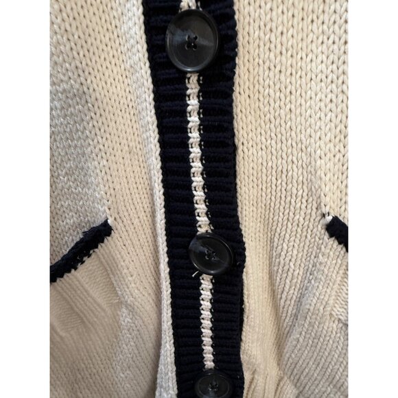 Ivory & Navy Open Front Cardigan Sweater With Button Closure & Pockets By Loft S - Picture 8 of 10